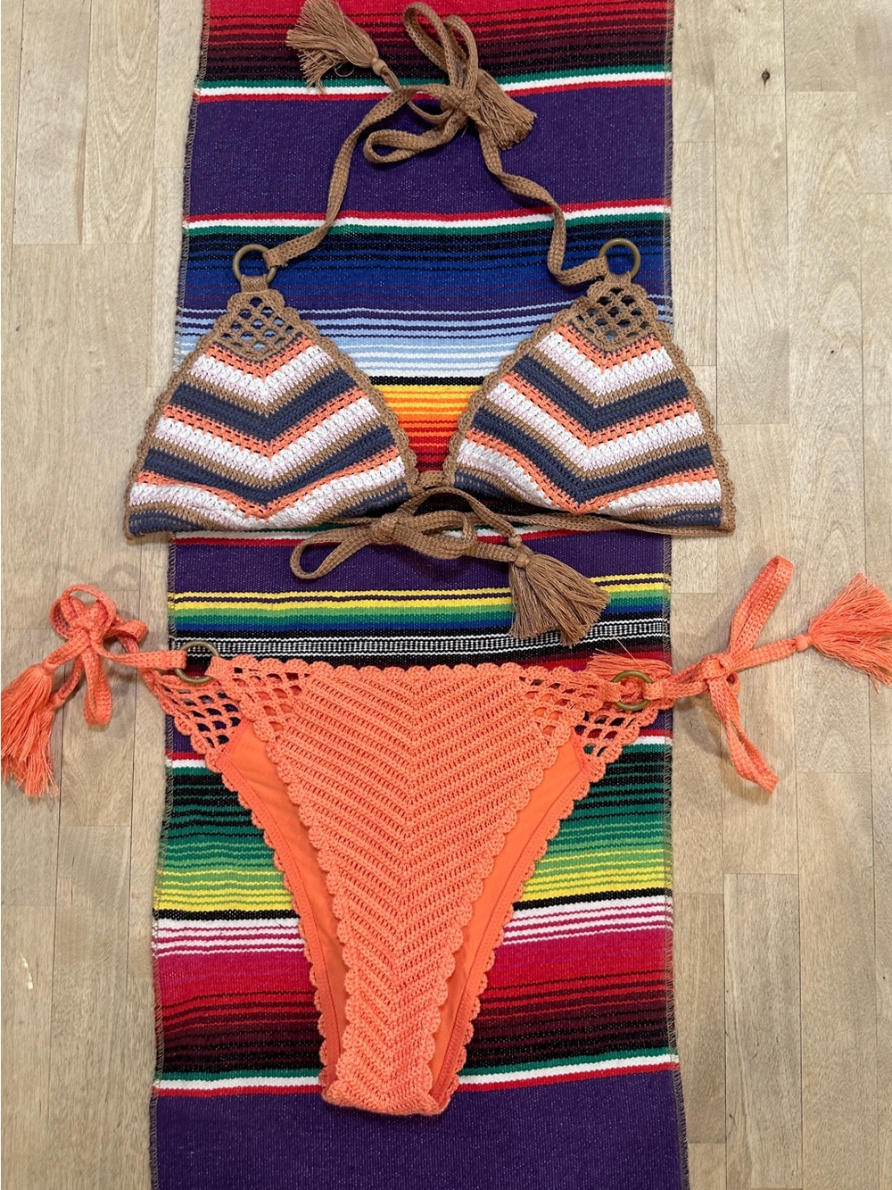 aerie Crochet Triangle Bikini Set in Orange and Brown Stripes